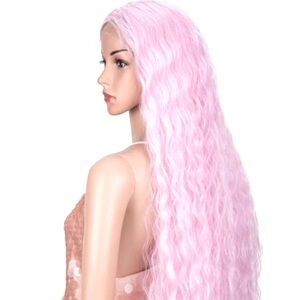 Pink long wavy lace front wig